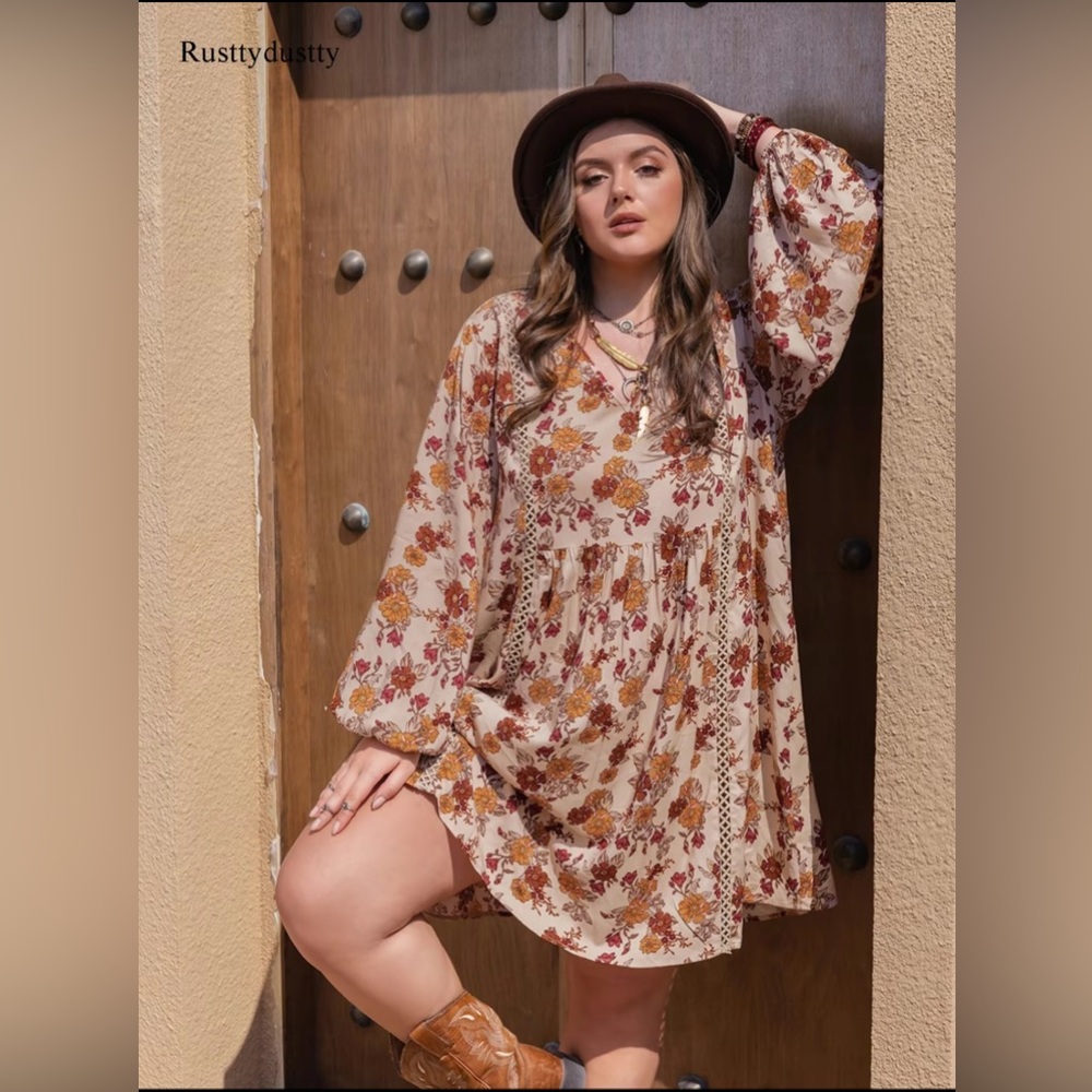 FLORAL PRINTED V-NECK BALLOON SLEEVE MINI DRESS